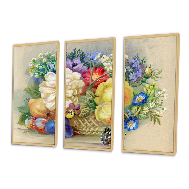Bouquet de fleurs et de fruits - ensemble de 3 toiles encadrées florales, H 28 po x l 36 po x P 1 po, Encadrement brun