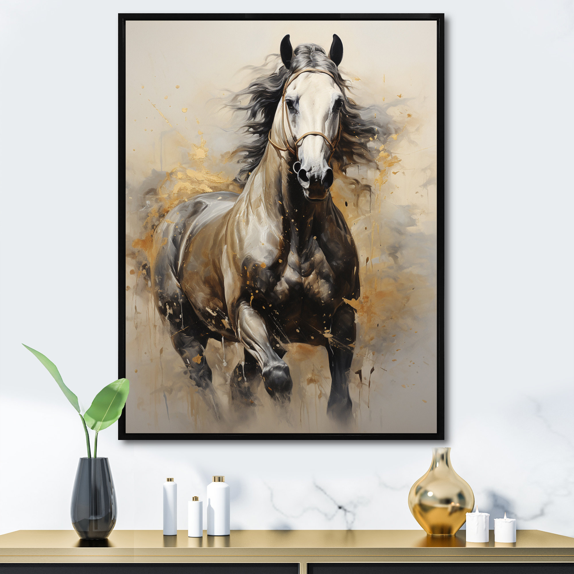 Union Rustic Keavie Beige Horse Golden Equestrian Pointillism Framed On ...