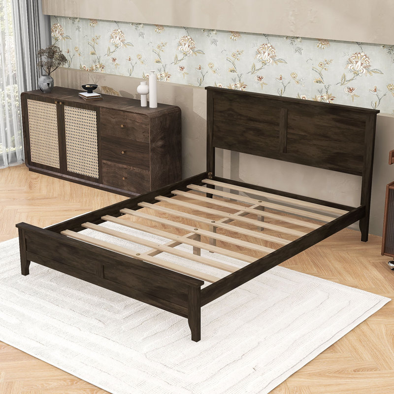 Lit plateforme en bois avec tête de lit et pieds centraux, Blanc, Double