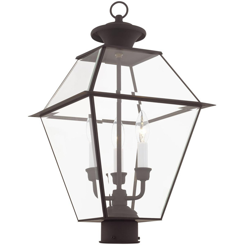 12 Inch 3 Light Outdoor Post Lantern with Clear Beveled Shade, Bronze