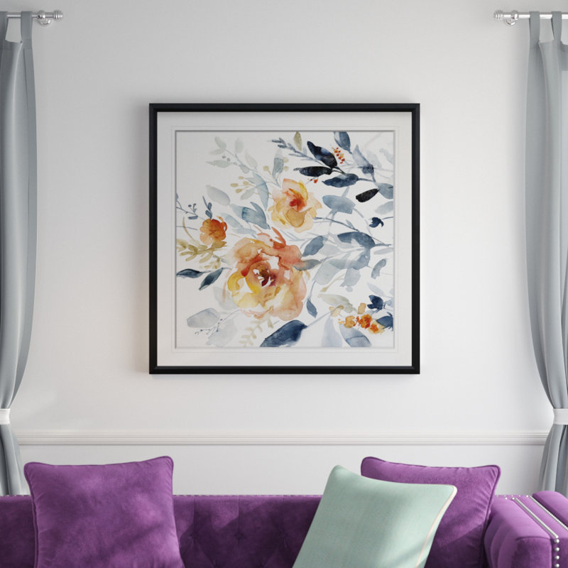 «Flowering Branches II», peinture, H 16 po x l 16 po x P 2 po, Cadre noir