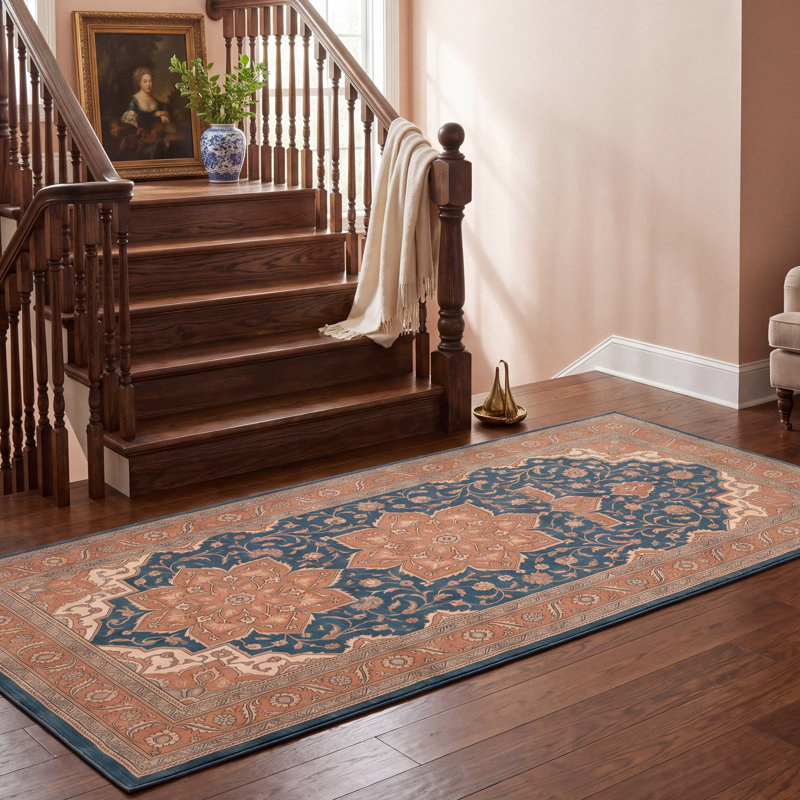 Tapis Willow2 traditionnel à médaillon, style persan, bleu sarcelle, or et crème, lavable à la machine, antidérapant, à poils courts, pour l'intérieur et l'extérieur, adapté aux animaux domestiques, idéal pour le salon, la chambre, la salle à manger, l'entrée, le couloir ou le bureau.