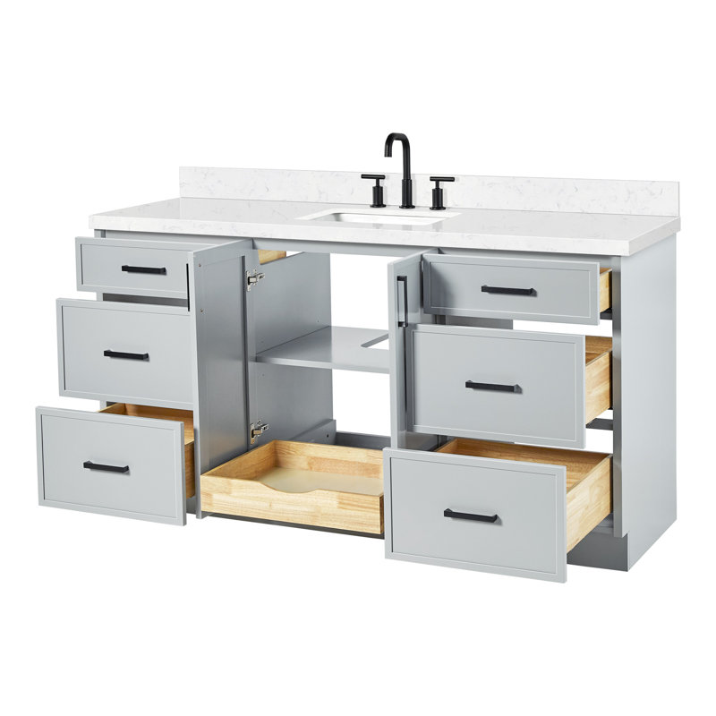 ARIEL Kelly 60 Single Sink Bathroom Vanity with Carrara Quartz Top, Gray, Rectangular, 60"