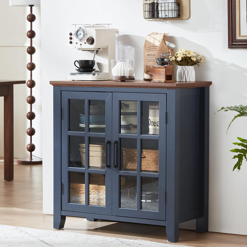 Farmhouse Sideboard Buffet Cabinet with 2 Glass Doors, Adjustable Shelves, Engineered Wood Coffee Bar Console Table, 2