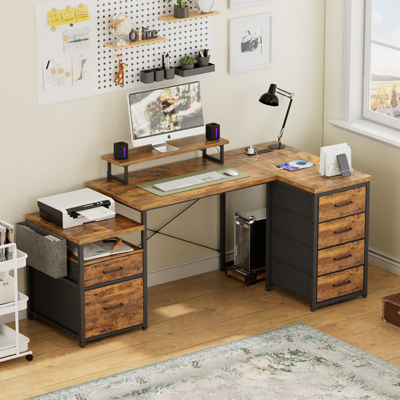 Bernydette Reversible L Shaped Computer Desk with Fabric File Drawers, Corner Desk with RGB LED Lights & Power Outlets & Monitor Stand