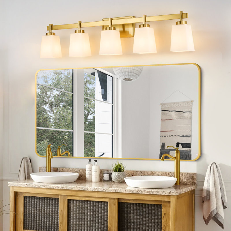 ETL Certificated Vanity Light with Milk Glass Shades, Modern Bathroom Light Fixture, Brushed Gold, 5