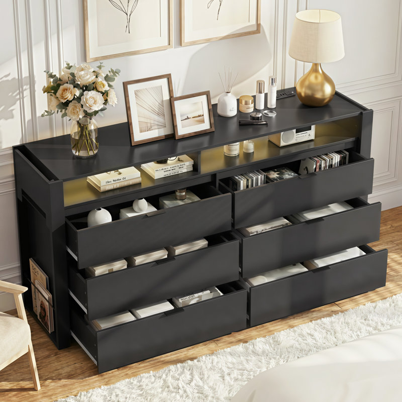 Commode l 78 po à 6 tiroirs pour chambre à coucher, commode extensible avec station de charge USB, grande commode avec tablettes flexibles et support à suspendre pour garde-robe, chambre de bébé, salon (télé de 85 po)