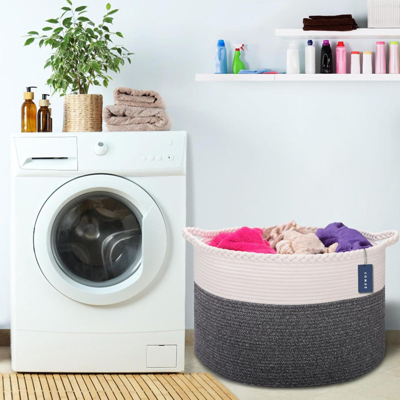 Laundry Basket with Handles, White/Black