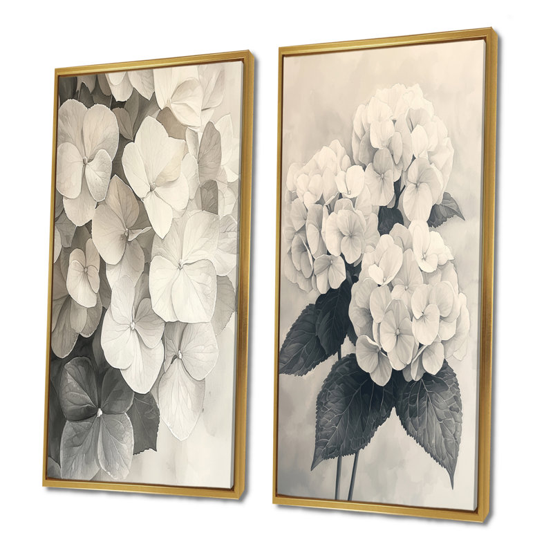 Hortensia rétro en monochrome I - impressions sur toile florales 2 panneaux, H 28 po x l 25 po, Gold Floater Framed