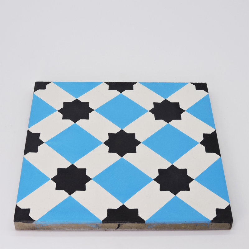 Ait Baha 8" x 8" Cement Patterned Wall & Floor Tile, Blue/Black