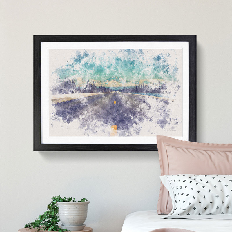 Alaskan Mountains Watercolour - Picture Frame Graphic Art Print, Black Framed, 45cm H x 63cm W x 2cm D