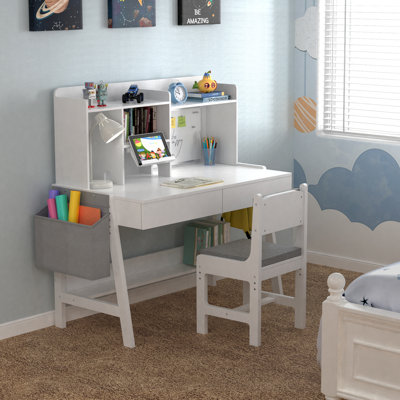 Kids Study Desk and Chair Set, Adjustable Wooden Study Desk with Hutch, Drawers, Book Stand, Whiteboard & Fabric Storage Bag for Ages 5-12 by Harriet Bee