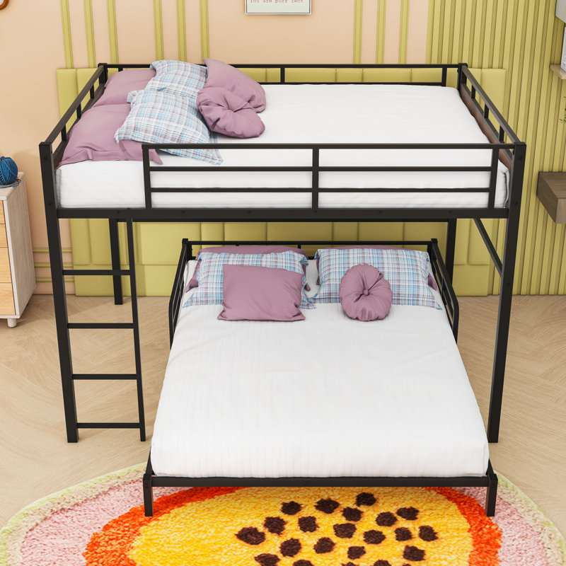 Metal Bunk Bed With Safety Rai, Walnut, Queen Over Queen