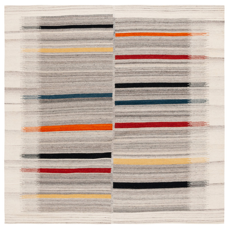 Kilim Flatweave Wool Cotton Abstract Rug in Ivory/Gray, Square 6'