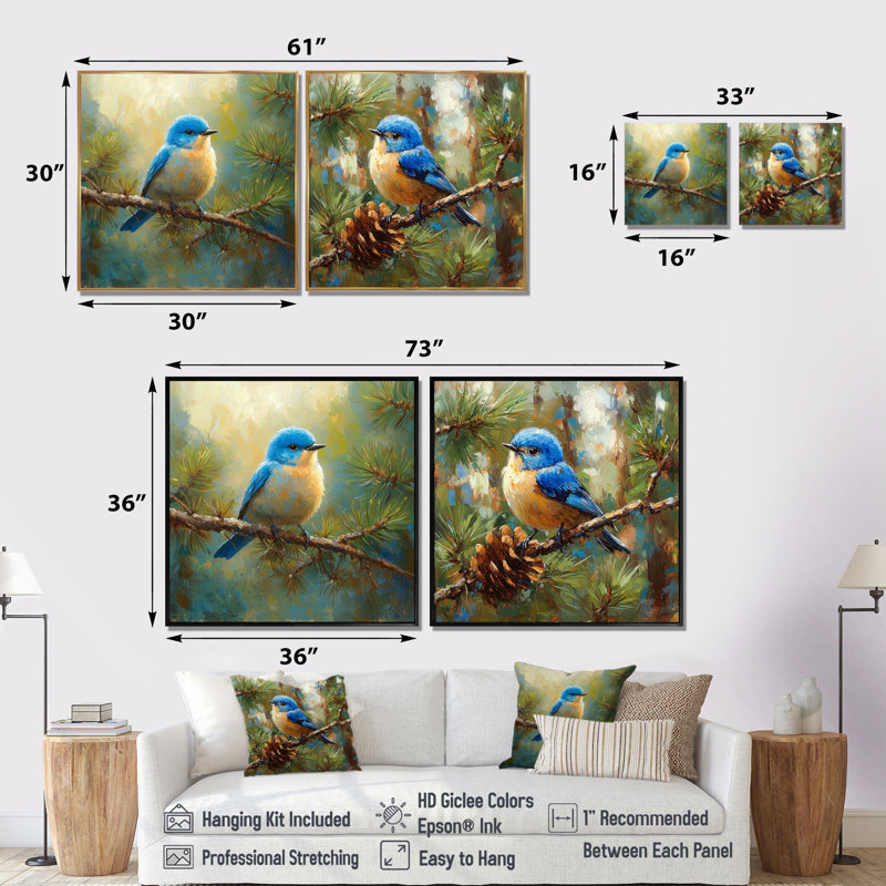 «Cheery Bluebird In The Pines I» - art mural oiseau - ensemble d'art mural moderne 2 pièces, 16" H x 33" W, Ne s’applique pas