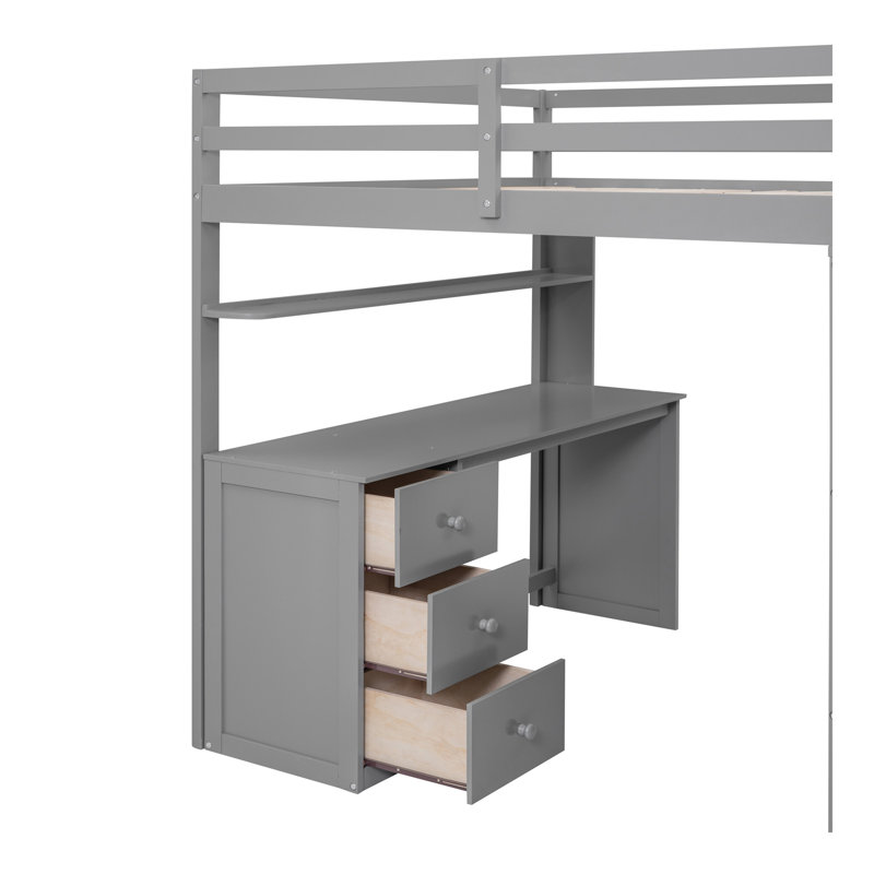 Full Size Loft Bed With Drawers,Desk,And Wardrobe-Grey