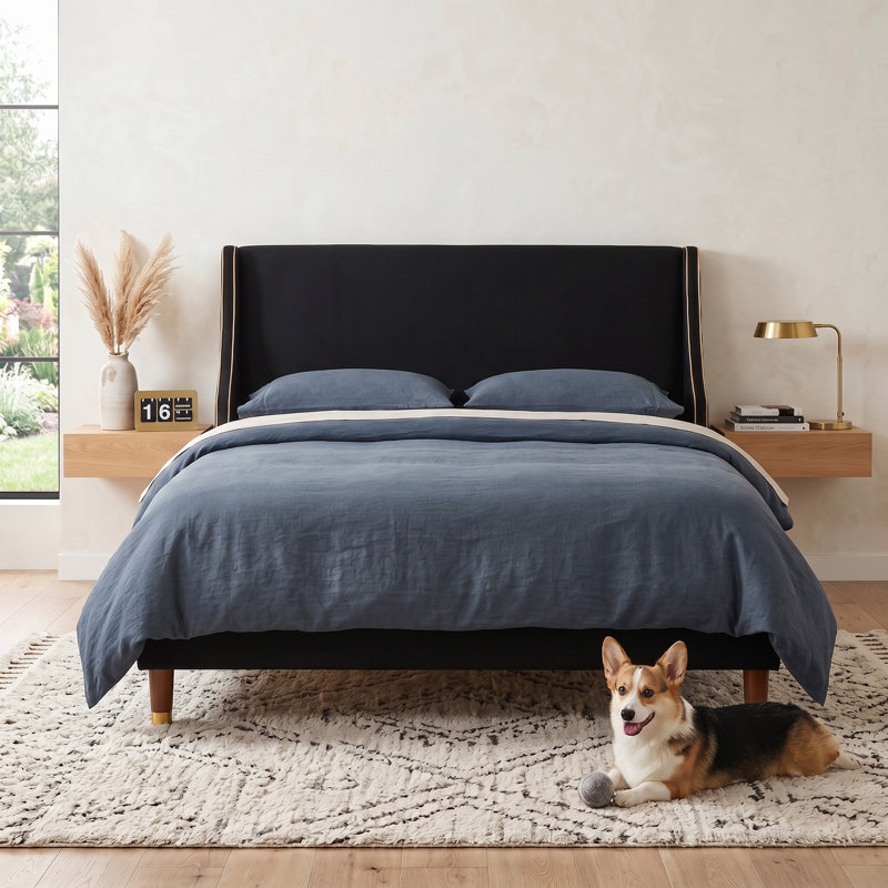 Melaya Wingback Upholstered Platform Bed Frame, Full, Black