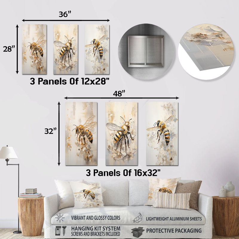Minimalisme Buzzing Bee - ensemble de 3 décorations murales en métal Bee, H 32 po x l 48 po