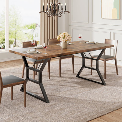 Grande table de salle à manger 70,9 po pour 6 personnes, table de cuisine rectangulaire avec pieds en métal robustes, table de salle à manger en bois pour famille