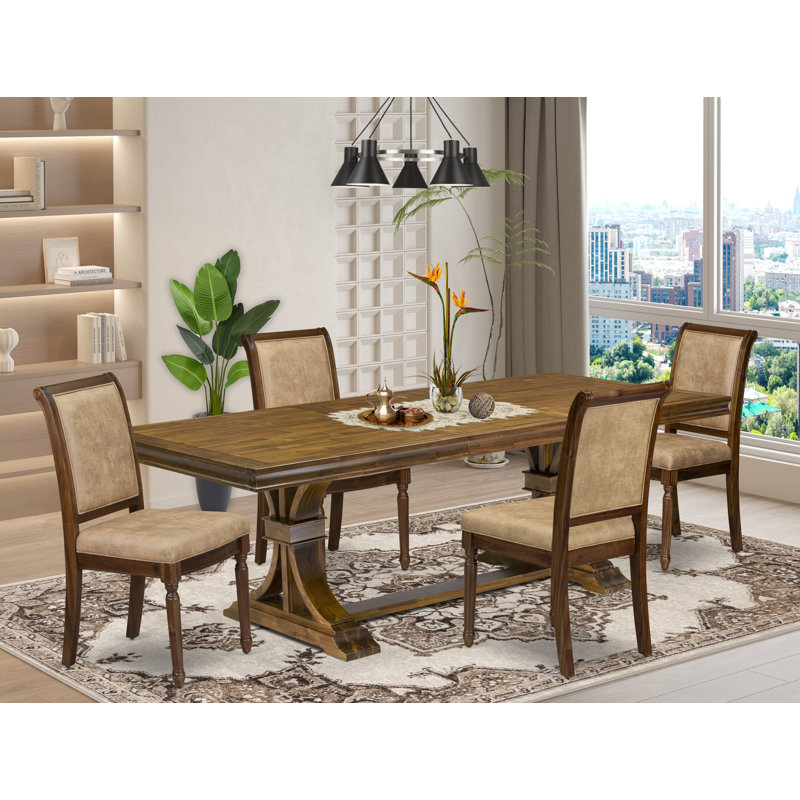 L'ensemble de table de salle à manger moderne 5 pièces se compose d'une table de cuisine et de 4 chaises de salle à manger en tissu de polyester beige avec dossier haut - finition noyer antique