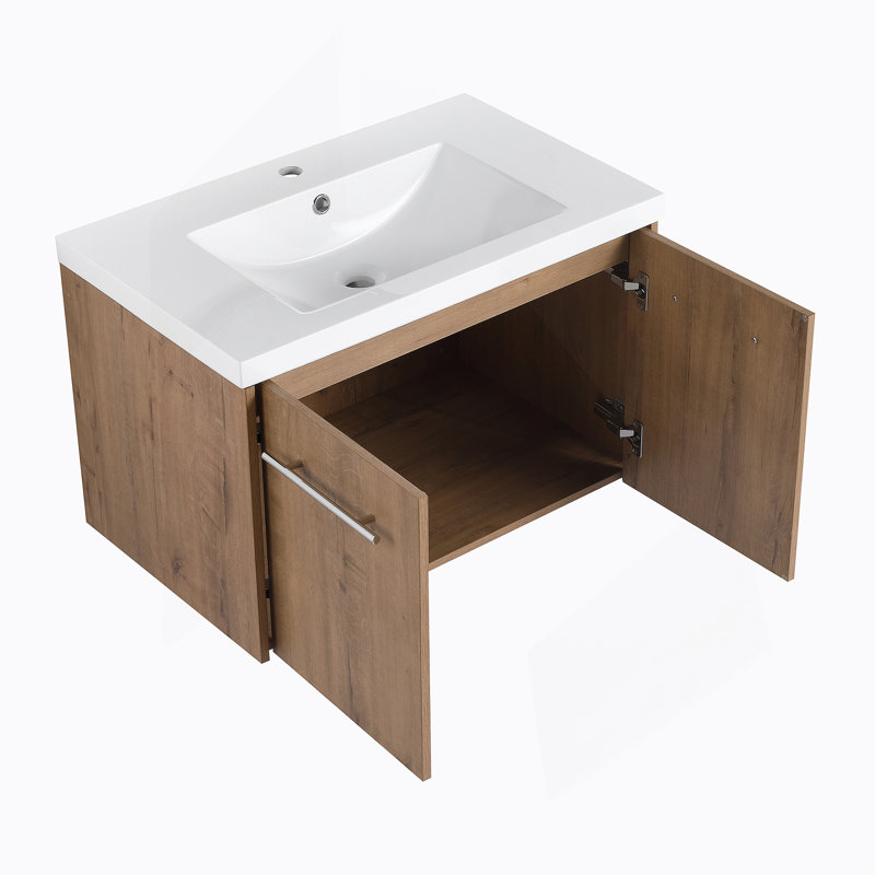 Meuble-lavabo à fermeture en douceur avec lavabo simple en résine, idéal pour les petites salles de bain et offrant beaucoup d'espace de rangement