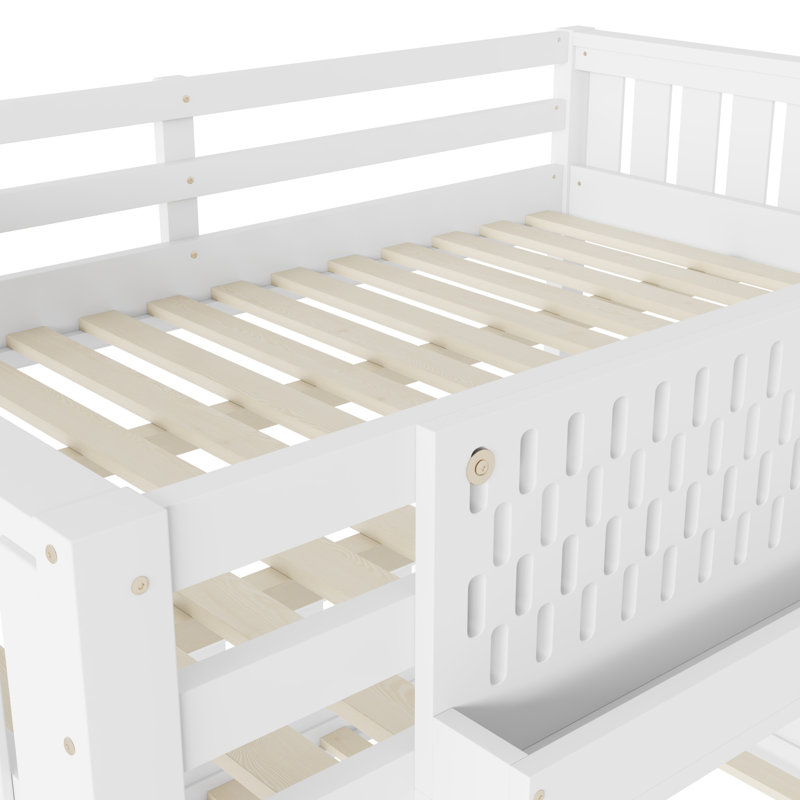 Grand lit superposé en bois massif avec panneau perforé et tablettes, Grand sur grand, Blanc