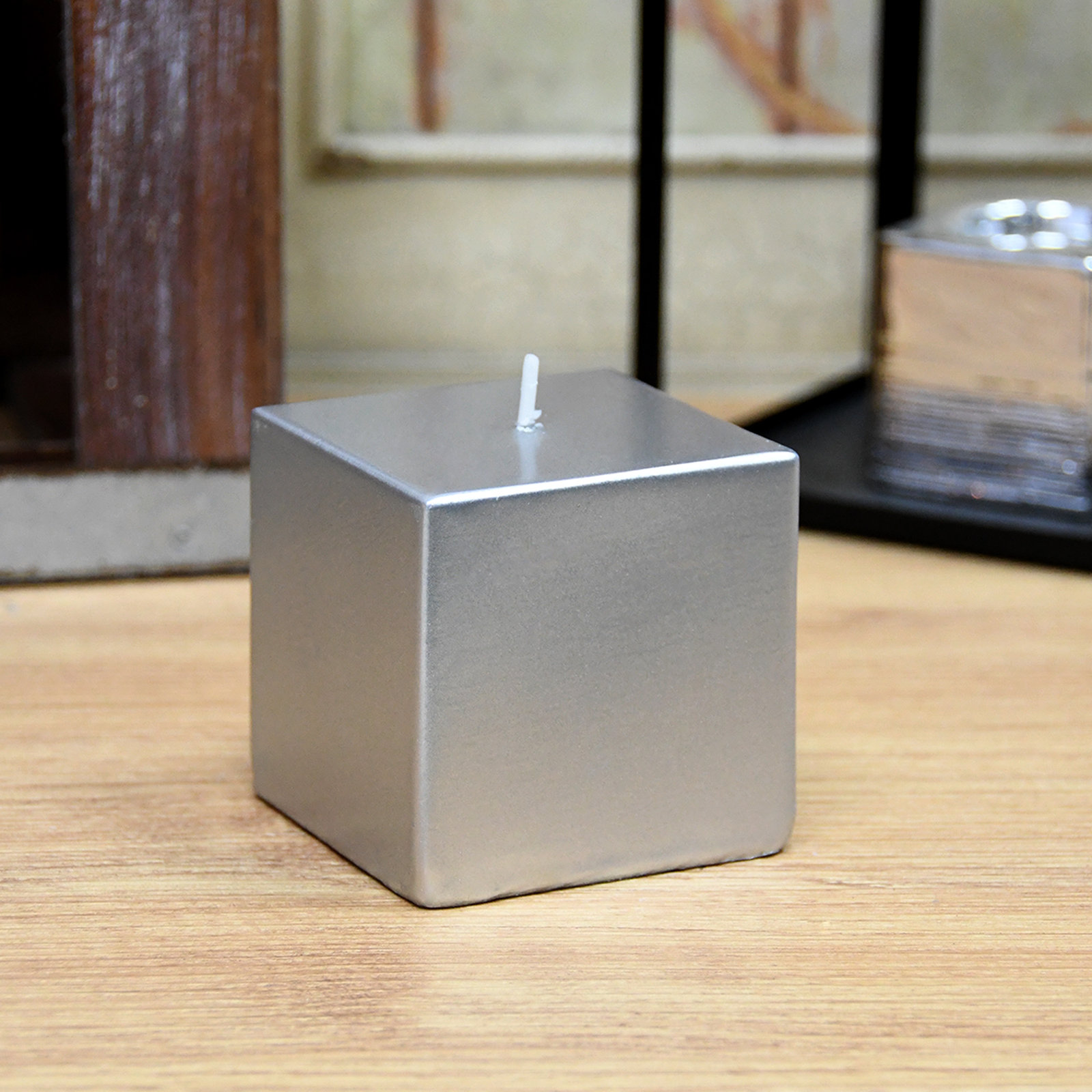 Square Pillar Candle, 3" H x 3" W x 3" D, Metallic Silver, 1 Candle
