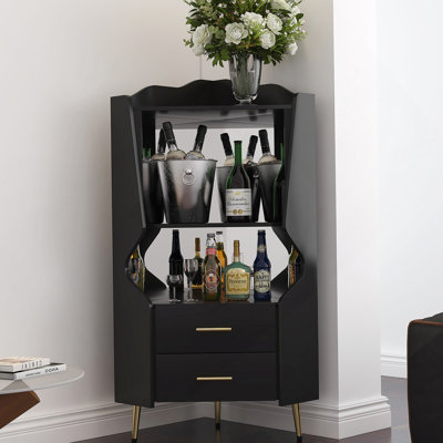 Armoire de bar en bois avec 2 tablettes de rangement ouvertes et 2 tiroirs, armoire de rangement à miroir, pieds hauts / pieds pour un nettoyage facile, armoire de rangement NOIR