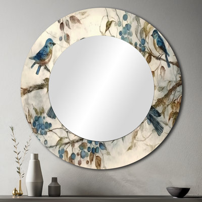 Quatre oiseaux bleus rétro sur une branche IV - décor de miroir mural unique oiseau