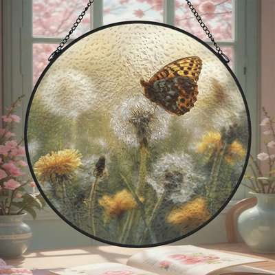 Papillon pissenlit (1) vitrail pour fenêtre