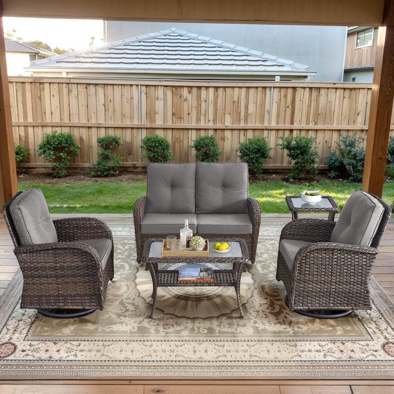 Gaetanino 5-Pieces Outdoor Wicker Seating Group With Cushions, Brown, Gray