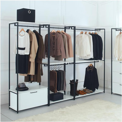  White Modular Freestanding Walk in Closet System with Wood Shelves and Metal Frame