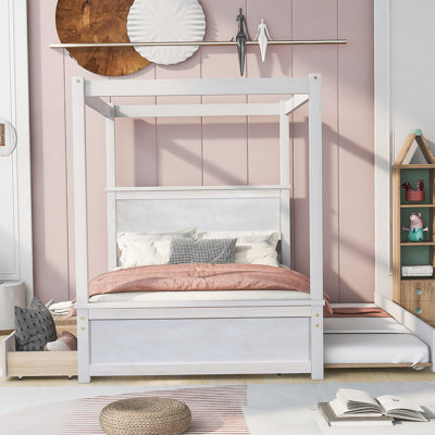 Lit à baldaquin avec lit gigogne et deux tiroirs, lit plateforme avec lattes de soutien pour une configuration de chambre confortable et fonctionnelle