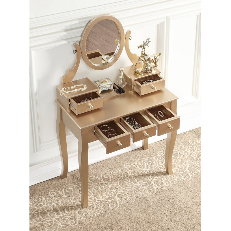 Ensemble de coiffeuse et tabouret de maquillage en bois Ashley, ensemble de coiffeuse et tabouret de maquillage Ashley, Doré