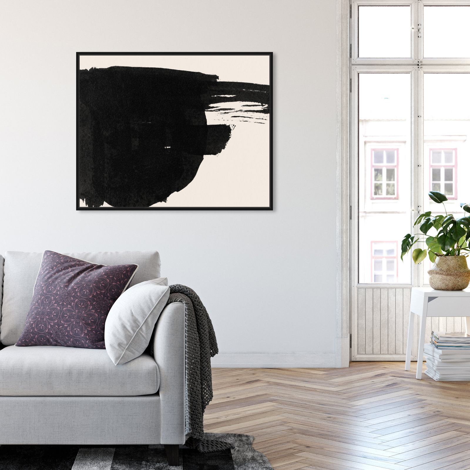 Abstract Black And White Large Brush Stroke by Oliver Gal, Black, 21" H x 25" W
