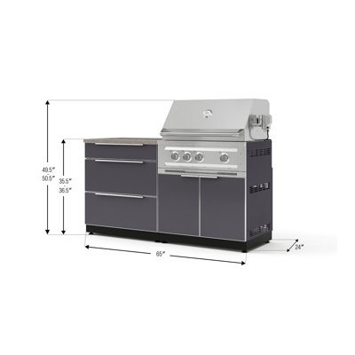 Ensemble de cuisine extérieure en aluminium gris ardoise, composé de 4 éléments : armoire à 3 tiroirs, armoire à barbecue, barbecue au gaz naturel Platinum de 84 cm et comptoir en pierre reconstituée grise de 81 cm.