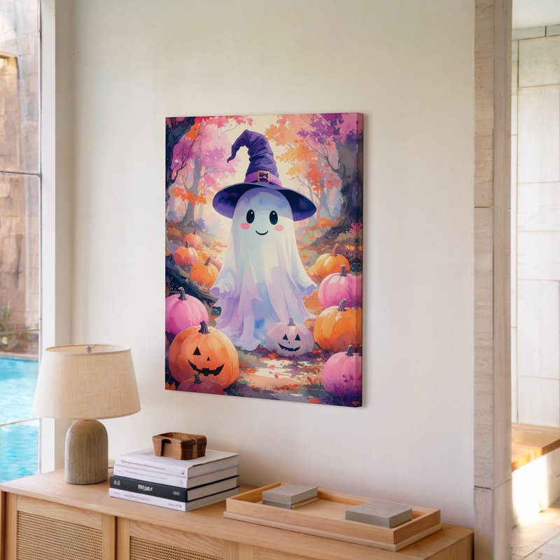 Chapeau de sorcière fantôme et citrouille fantaisiste, art de la forêt d'Halloween, art mural sur toile prêt à accrocher