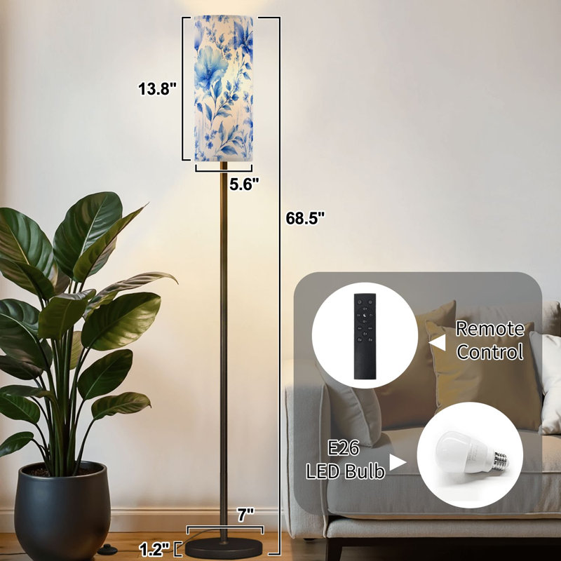Lampe sur pied sans soudure à fleur bleue à intensité variable moderne avec télécommande et pédale abat-jour abat-jour grand poteau d'angle pour le salon, la chambre et le bureau