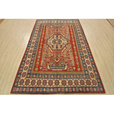 Tapis oriental rouge en laine noué à la main 6 pi 2 po x 9 pi 2 po Kazak