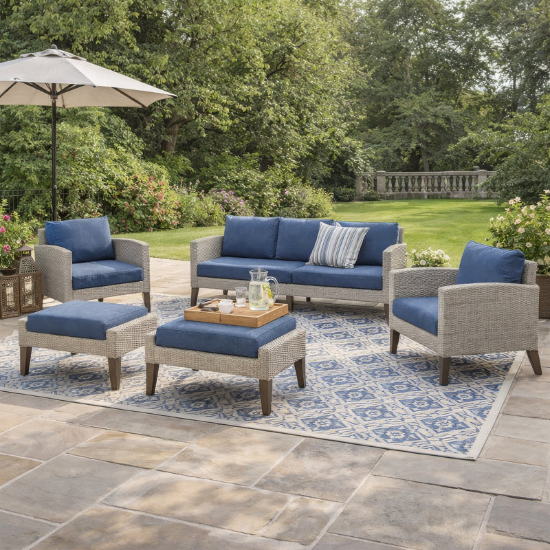 Ensemble de canapé d'extérieur 5 pièces Azy avec tabourets et chaises Azy, Bleu