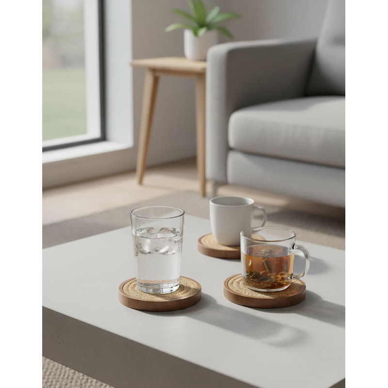 4" 5-Pack Absorbent Woven Wood Coasters - Farmhouse Coffee Table Decor, Brown