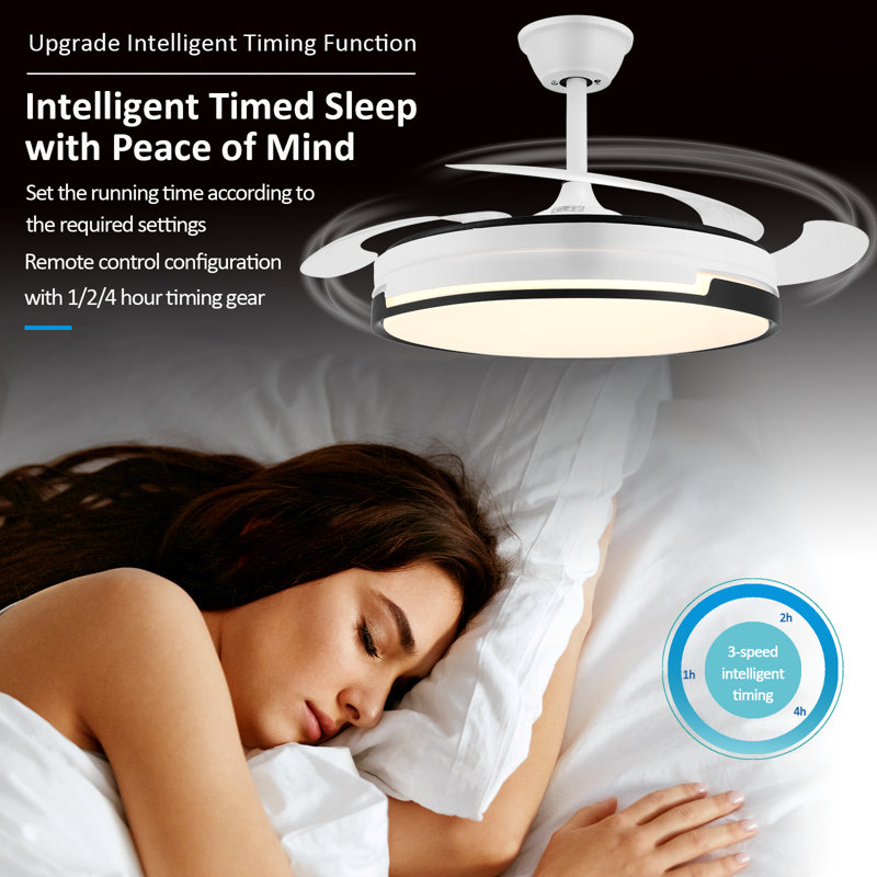 42" Retractable Ceiling Fans With Lights And Remote, Modern Black & White Fandelier With Dimmable Led, 6-speed Reversible Motor, 3000k-6500k,timer Function For Living Room, Bedroom, Kitchen