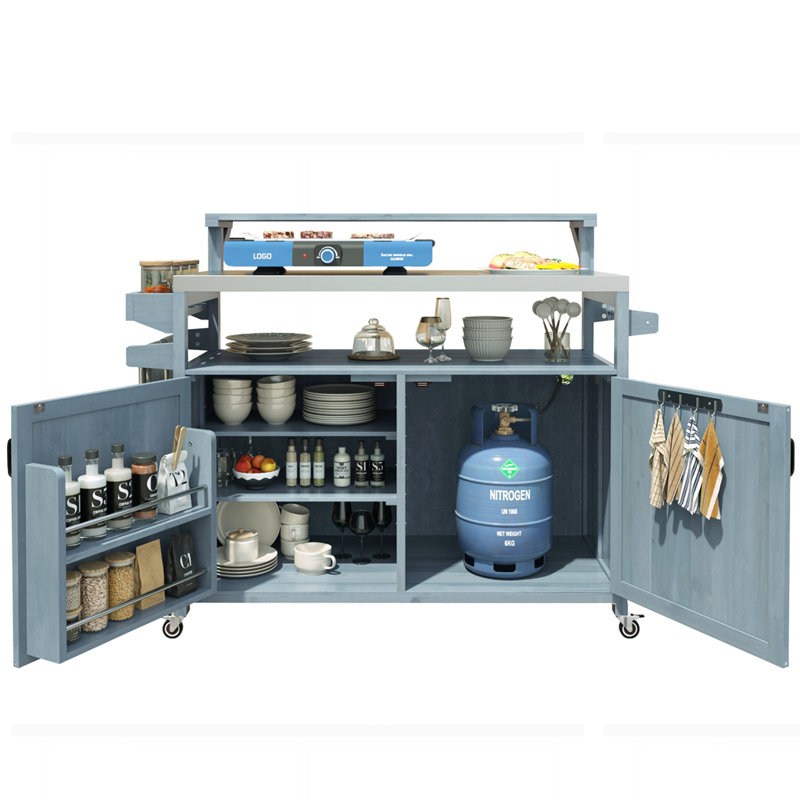 Chariot de gril roulant extérieur avec support de rangement interne, Bleu