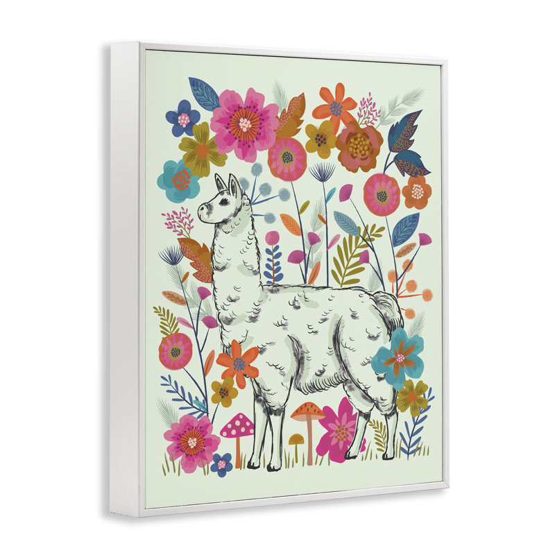 «Llama parmi des fleurs lumineuses», art numérique par Lisa Perry White, Cadre blanc, H 30 po x l 24 po