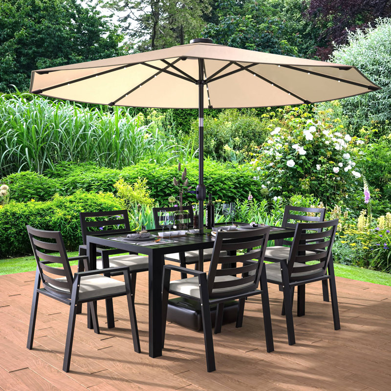 Letendre 7-Piece Outdoor Dining Set Rectangular Dining Table with Slats and 6 Arm Chairs in Aluminum, Beige
