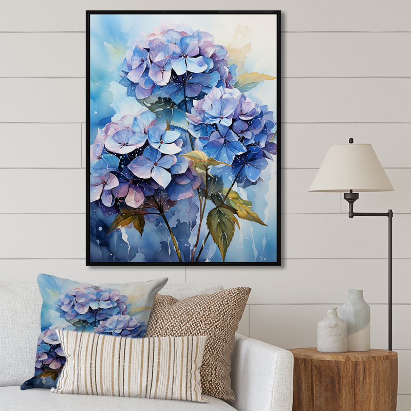 Hortensia bleue et mauve II sur toile, Cadre flottant noir, H 32 po x l 16 po x P 1 po