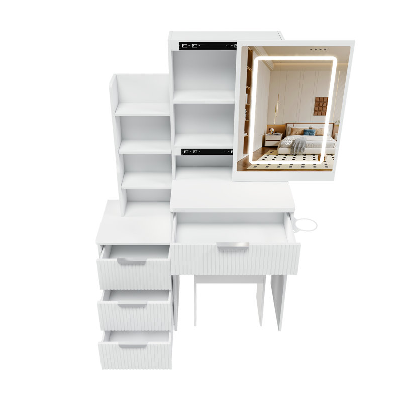 Modern Vanity Desk ,Featuring 3 Modes Of LED Lighting With Adjustable Brightness , With 4 Drawers And Multiple Open Storage Shelves, With A Hair Dryer Holder And Power Socket, A Dressing Chair.White