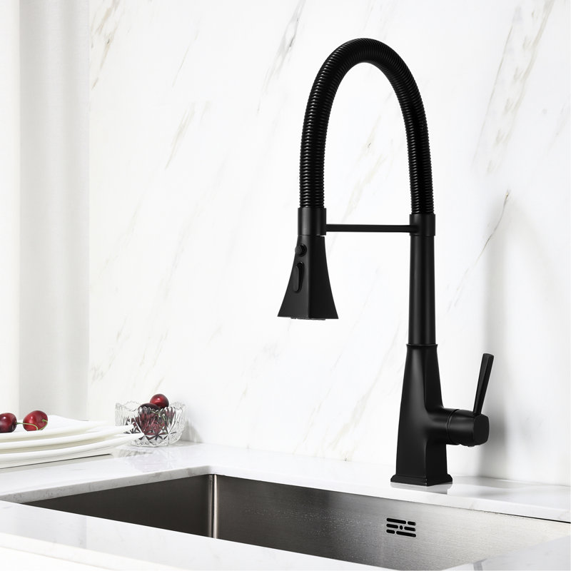 Robinet de cuisine avec bec rétractable en noir mat, fabrication en acier inoxydable, revêtement, buse rotative à 360 ° pour l'utilisateur - accès à l'eau, texture noire, corrosion simple