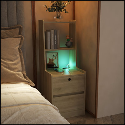 Table de chevet intelligente avec station de charge et veilleuse, table de chevet moderne avec bibliothèque et armoire de rangement pour les chambres organisées