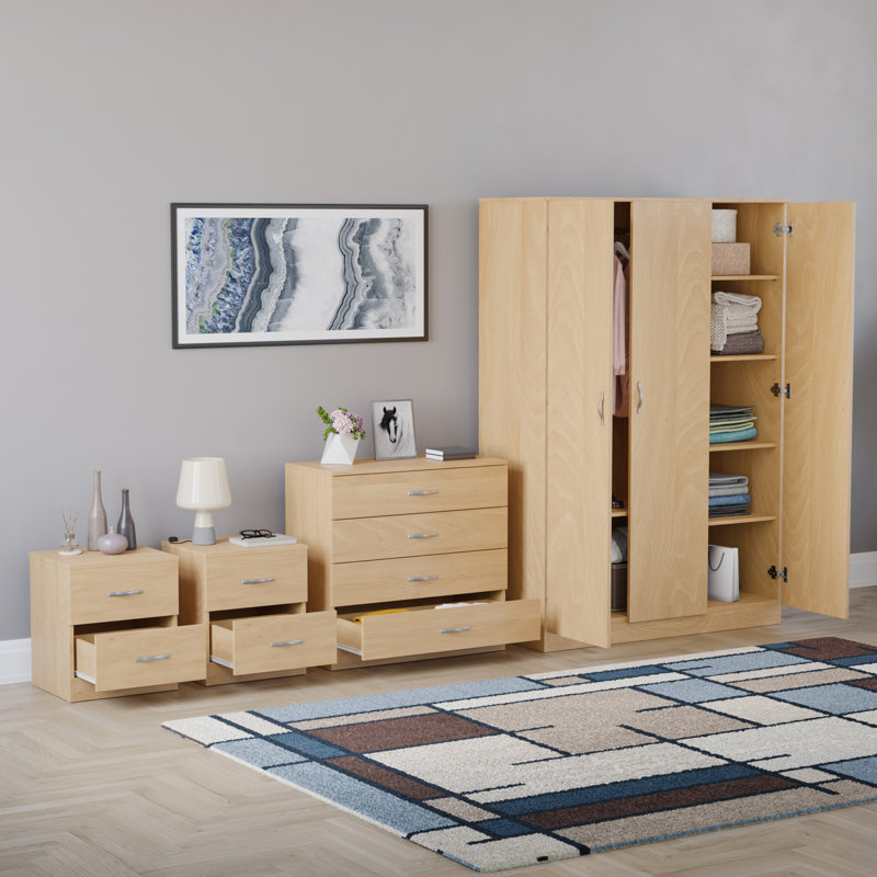 Tayce 4 Piece Bedroom Set (2 Drawer Bedside Chest X2, 4 Drawer Chest, 3 Door Wardrobe), Tan